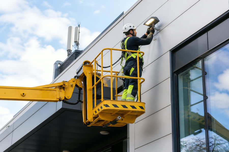 Operative servicing a high-level exterior light from a cherry picker