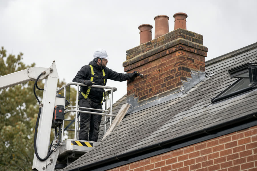 Operative carrying out chimney maintenance from a cherry picker